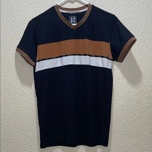 Stylish Men's V-Neck Tee with Brown and White Stripes